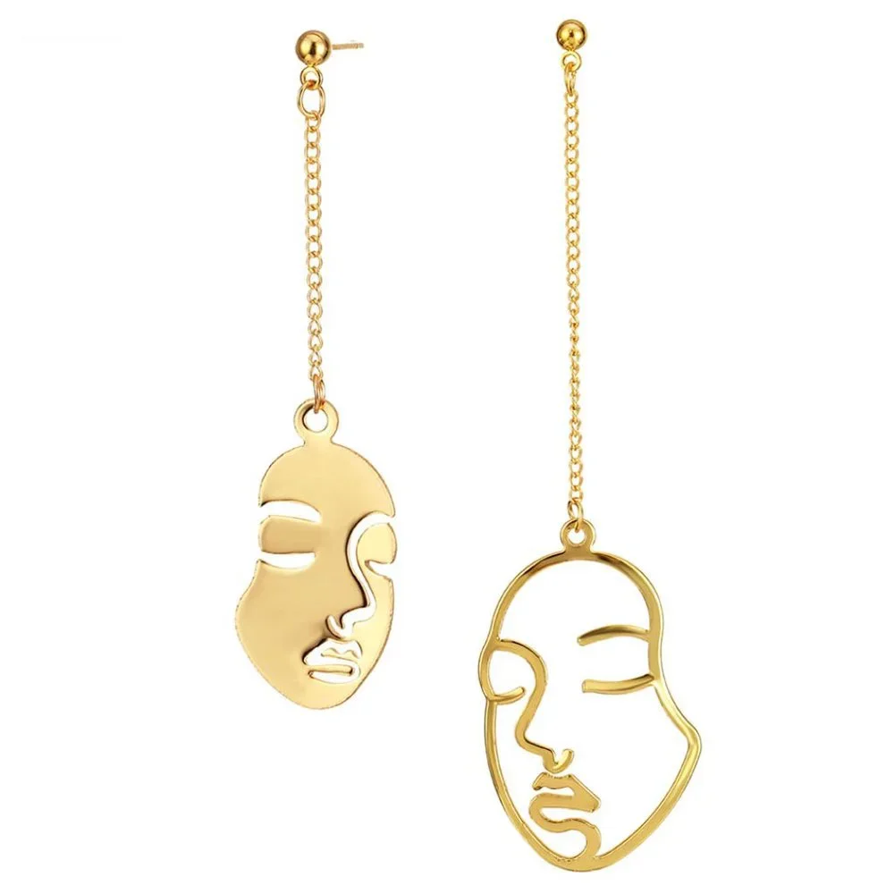 NEW Unique Abstract Hallow Face Asymmetric Stud Chain Drop Dangle Earrings GOLD - Picture 2 of 8